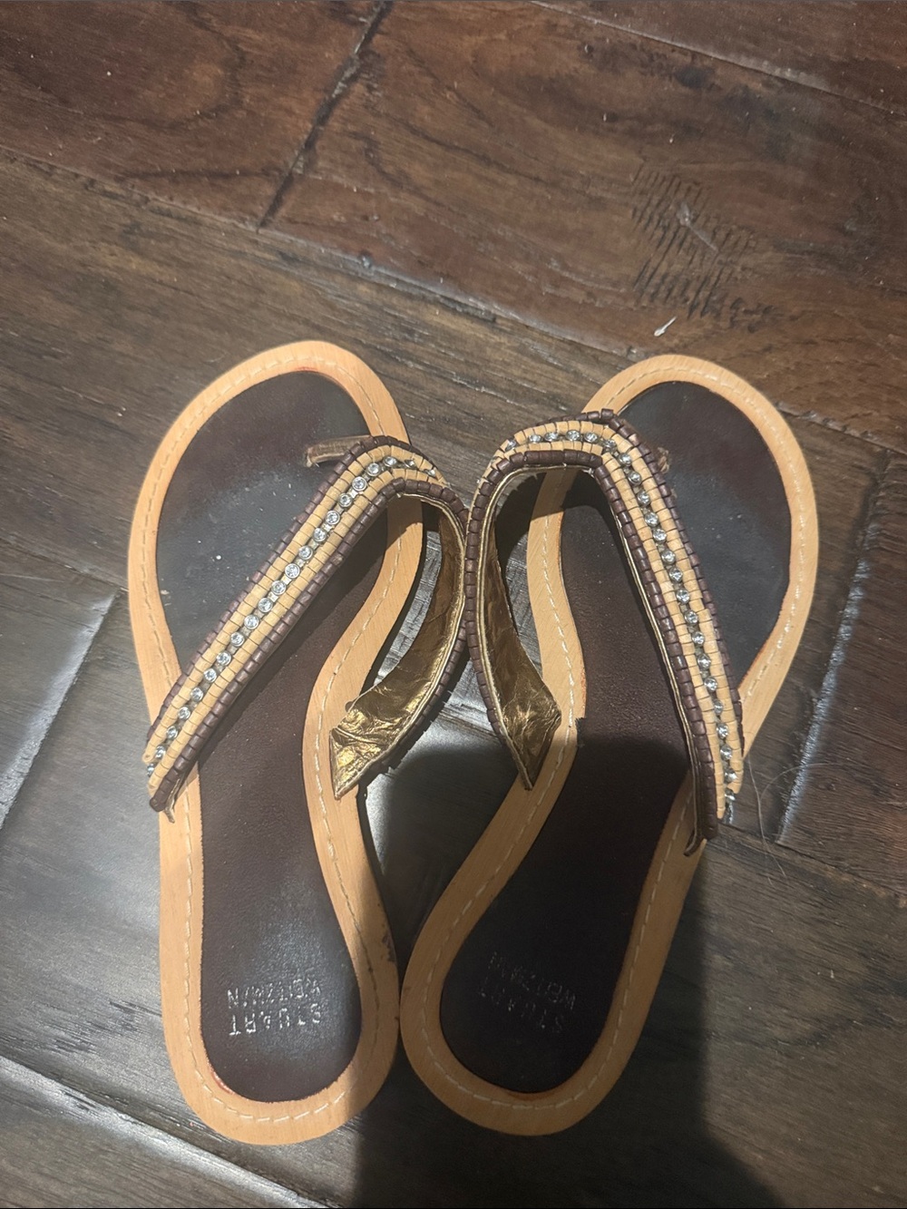 Stuart Weitzman Brown and Tan Beaded Thong Sandals